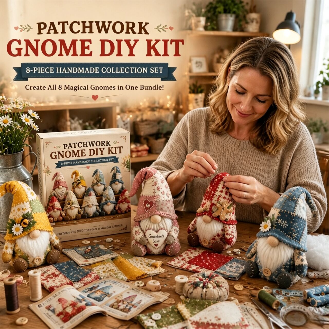 Textile Sewing Kit - Christmas Patchwork Gnome DIY Sewing Kit,
